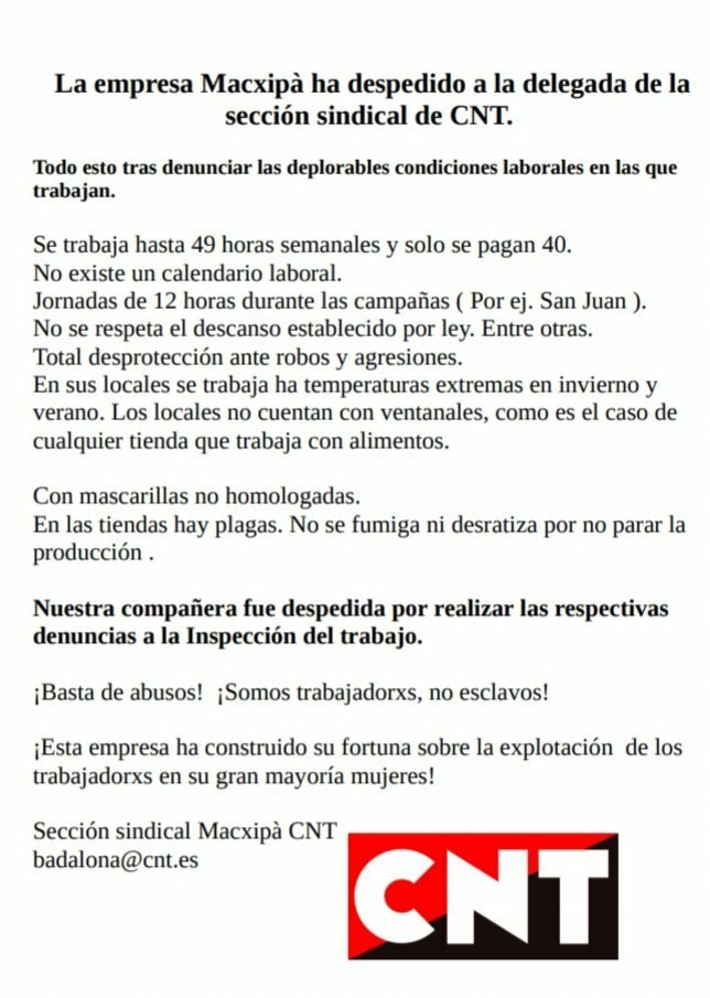 JUDICI CONTRA MAXCIPA 🥖
📅 Dijous 13/01/2022
🕛 10:45h
📍Ciutat de la Justícia
Màxim suport a la companya que va ser acomiadada per estar afiliada a <a href="/cntbadalona/">CNT - AIT Badalona</a>. La secció sindical a Macxipa segueix en lluita en defensa dels seus drets laborals ✊
