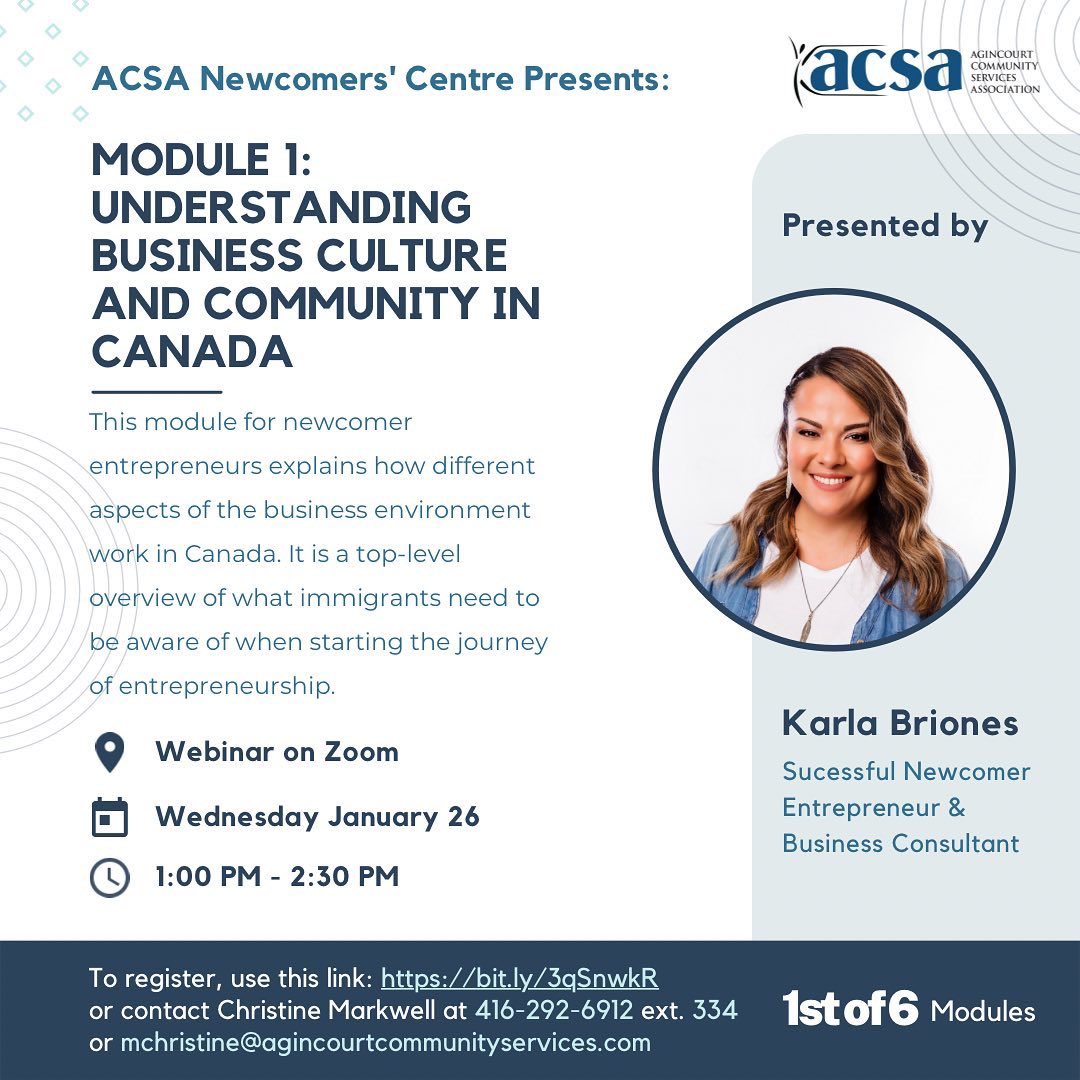 Calling all newcomer entrepreneurs🗣

@ACSANewcomers is hosting “Understanding Business Culture and Community in Canada” presented by Karla Briones a successful newcomer entrepreneur &amp; business consultant

Register here:
🔗bit.ly/3qSnwkR 
📞Christine 416-292-6912 ext 334