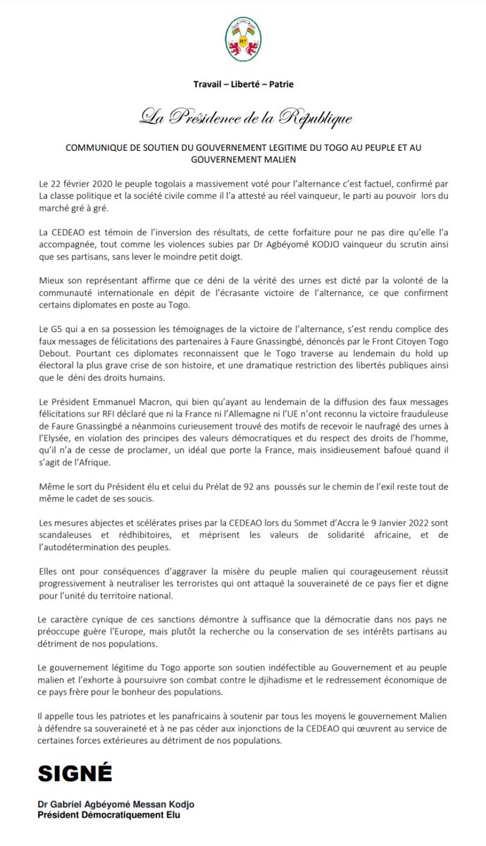 #CEDEAO Une politique à  deux vitesses au service des interets néocoloniaux.
Le Gouvernement légitime du Togo exprime sa solidarité au gouvernement et au peuple malien.
<a href="/antonioguterres/">António Guterres</a> 
<a href="/GoitaAssimi/">Général d'Armée Assimi GOITA</a> 
<a href="/SecBlinken/">Secretary Antony Blinken</a> 
<a href="/POTUS/">President Donald J. Trump</a> 
<a href="/KremlinRussia_E/">President of Russia</a> 
<a href="/vonderleyen/">Ursula von der Leyen</a> 
<a href="/AnnaLuehrmann/">Anna Lührmann</a> 
<a href="/RFI/">RFI</a>