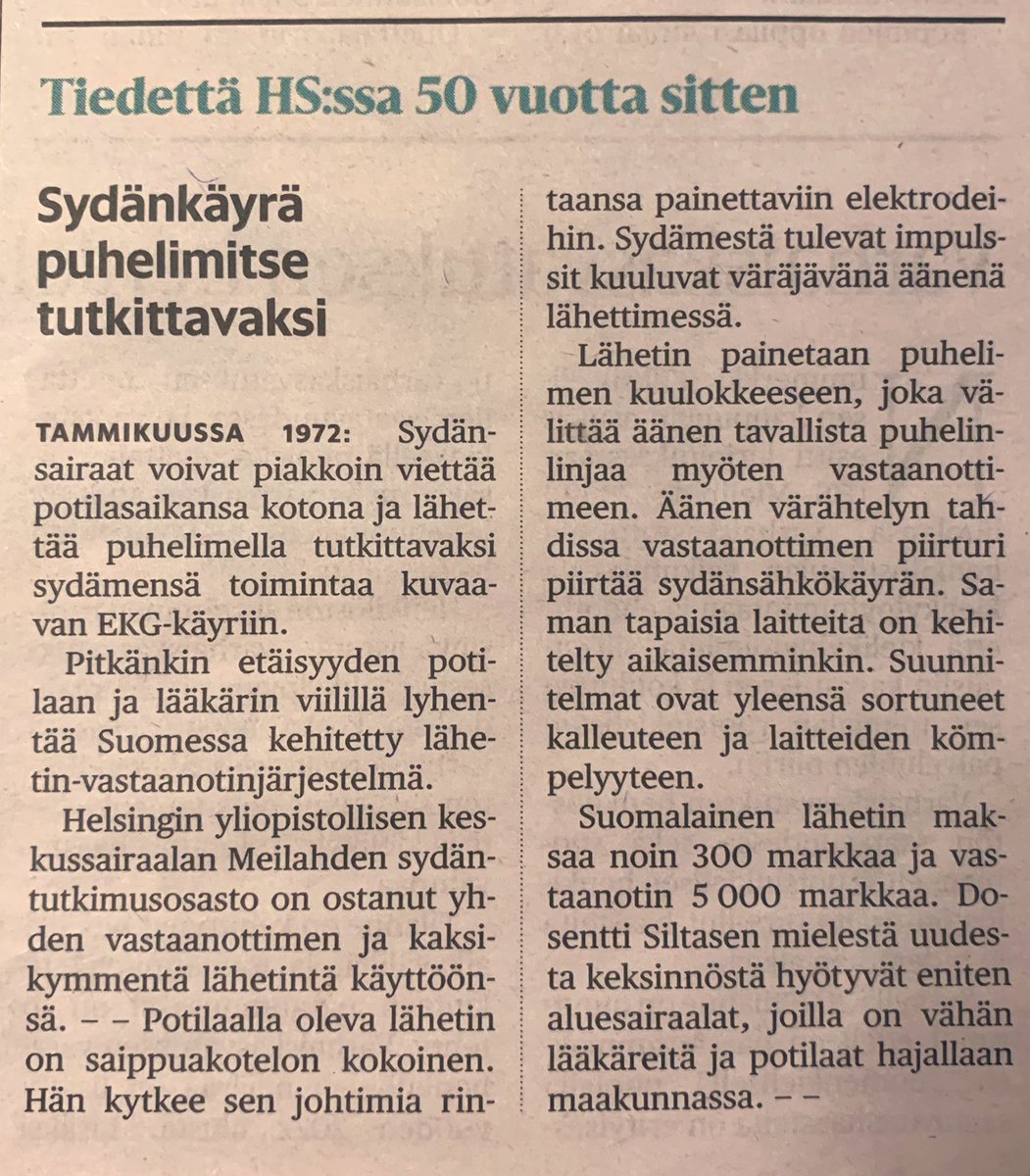 Etähoitoa 50 vuotta sitten. Potilaiden on edelleen lähtökohtaisesti tultava ekg-rekisteröintiä varten sairaalaan. Teknologia löytyisi - vain toteutus uupuu. Vieläkin. #etähoito  #hoitopolku