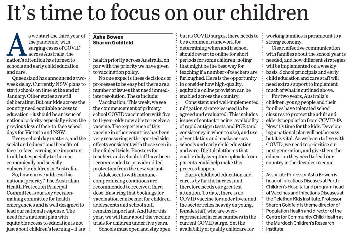 Director of Population Health at MCRI Prof <a href="/sharon_goldfeld/">Prof Sharon Goldfeld</a>, &amp; <a href="/telethonkids/">telethonkids</a>' vaccine &amp; infectious diseases expert, A/Prof <a href="/AshaBowen/">Asha Bowen</a>, discuss the importance of #children's return to #school and the need for equitable access to #education in 👇🏽 article for <a href="/TheAge/">The Age</a>.