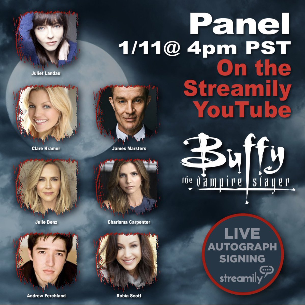 Don’t forget to join us tomorrow Tuesday 4pm PST on @StreamilyLive for an incredible #buffy #angel panel!! Hope to see you there 😘