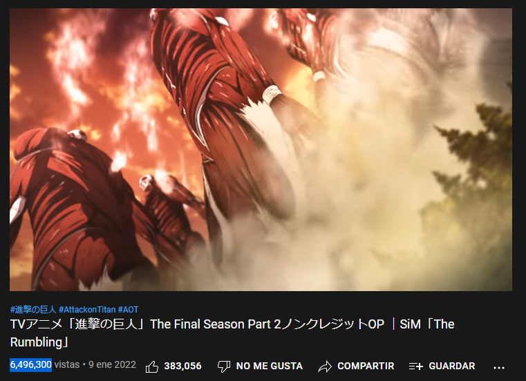 Douya_Qki's tweet photo. Le tomó solo un día al nuevo opening de Shingeki para llegar a las +6 millones de reproducciones. https://t.co/sAo7GL0bI3