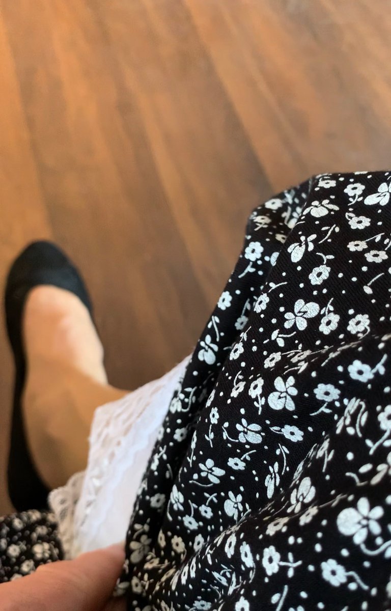 SanchezWoppo's tweet image. I got caught out in the rain Saturday and arrived at my 73yr old aunty’s house soaked.
So she INSISTS on getting me some of her clothes to go to Starbucks with her whilst mine were in the dryer.
Cardigan, long floral skirt, petticoat, nude tights and court shoes.
Hello boys 🤦♀️