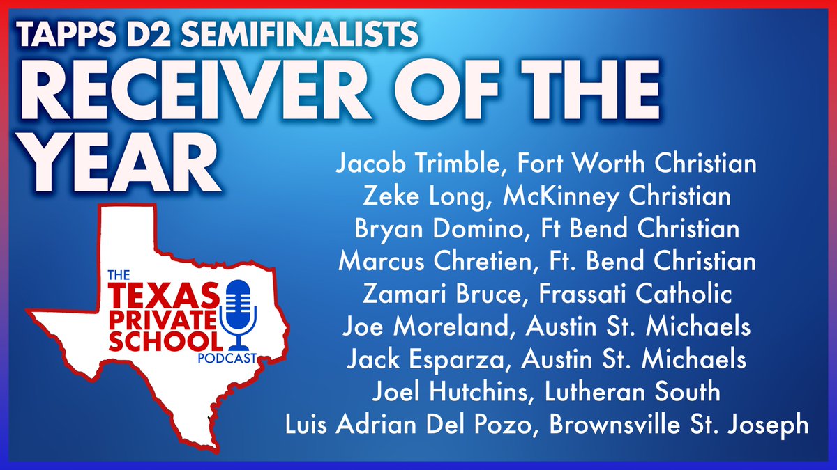 Texas Private School Media (@txpsmedia) on Twitter photo TAPPS D2 Receiver of the Year!
<a href="/JacobTrimble7/">Jacob Trimble</a>, FWC
<a href="/ZekLong/">Zeke Long</a>, McKinney Christian
<a href="/TheBryanDomino/">BD2 ✞</a>, FBCA
<a href="/MarcusC_18/">Marcus Chretien</a>, FBCA
<a href="/ZamariBruce/">Zamari Bruce</a>, Frassati
<a href="/joe_moreland11/">Joseph Moreland</a>, SMCA
<a href="/jacksabine1/">Jack Esparza 🌵</a>, SMCA
<a href="/joelhutchins6/">Joel Hutchins</a>, Lutheran South
Adrian Del Pozo, Brownsville St. Joseph TAPPS D2 Receiver of the Year!
<a href="/JacobTrimble7/">Jacob Trimble</a>, FWC
<a href="/ZekLong/">Zeke Long</a>, McKinney Christian
<a href="/TheBryanDomino/">BD2 ✞</a>, FBCA
<a href="/MarcusC_18/">Marcus Chretien</a>, FBCA
<a href="/ZamariBruce/">Zamari Bruce</a>, Frassati
<a href="/joe_moreland11/">Joseph Moreland</a>, SMCA
<a href="/jacksabine1/">Jack Esparza 🌵</a>, SMCA
<a href="/joelhutchins6/">Joel Hutchins</a>, Lutheran South
Adrian Del Pozo, Brownsville St. Joseph
