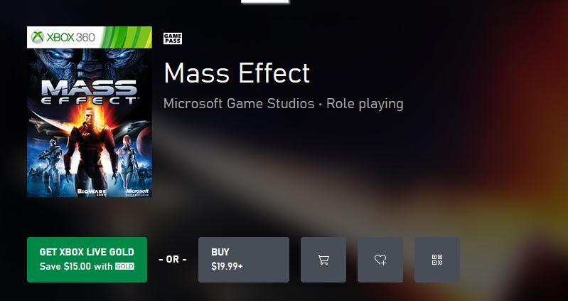 Mass Effect (360/X1) $4.99 via Xbox. Also on Game Pass.  