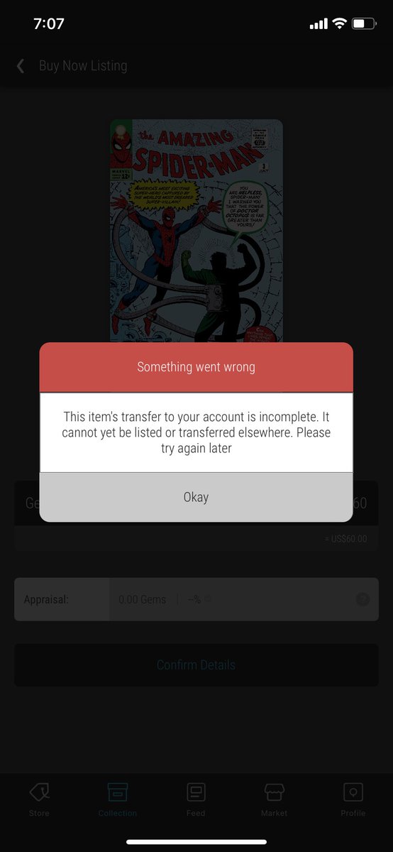 _Iam_Kyle's tweet photo. @veve_official Hey my app is updated but I’m still getting an error message when I try to list collectibles and comics I have purchased from the marketplace. https://t.co/0n88bxFFh2
