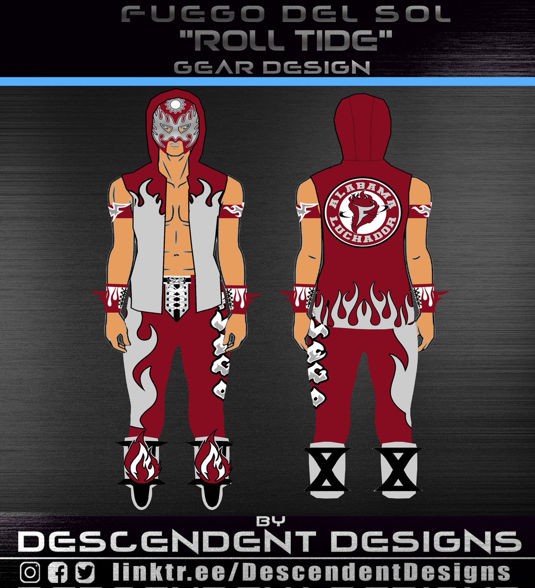 DescendentBrand's tweet photo. #RollTide gear design for @allelitewrestling 's #AlabamaLuchador @FuegoDelSol. 
He knows how to root someone on to a BIG title win!
 First @sammyguevara to the #TNTTitle (twice), next the  @alabamaftbl  #CrimsonTide to ANOTHER #NCAA #NationalChampionship!
#Aew #NCAA #ncaafootball https://t.co/aCXNmeww35