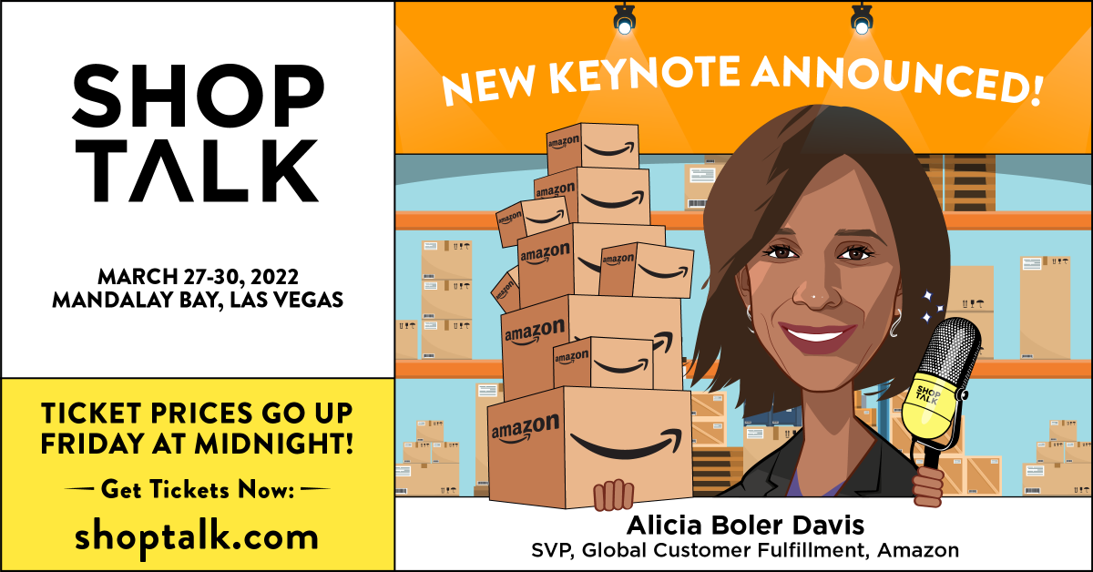 Shoptalk is thrilled to announce our newest speaker, Alicia Boler Davis, SVP, Global Customer Fulfillment, of @Amazon. Grab your tickets now to hear from Alicia plus 250 other incredible speakers. Hurry, ticket prices go up this Friday!