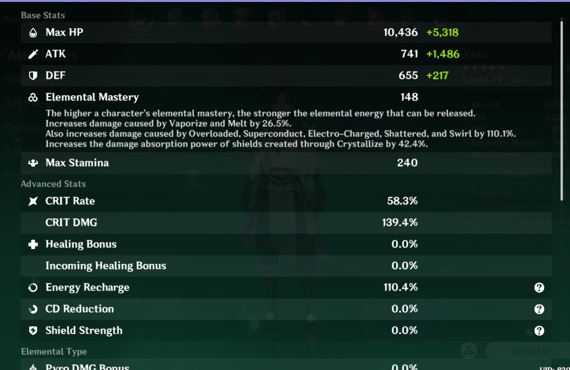 SlNFUCK's tweet image. Boasting my lvl 71 xiao stats, looking good. So far the highest i got from his ult is 29k per plunge 🥵