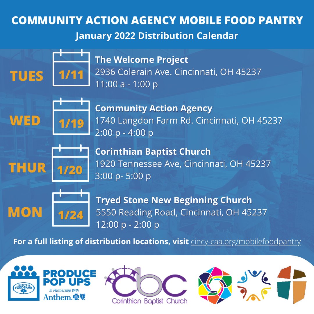 CincyCAA's tweet photo. Here is a look at our upcoming food pantry dates for January. Join us tomorrow, Tuesday, January 11, at The Welcome Project for FREE groceries from 11 am-1 pm. All are welcome! Please help us spread the word! #CommunityActionWorks #ProducePopUp #MobileFoodPantry https://t.co/pYVhCTNw7J