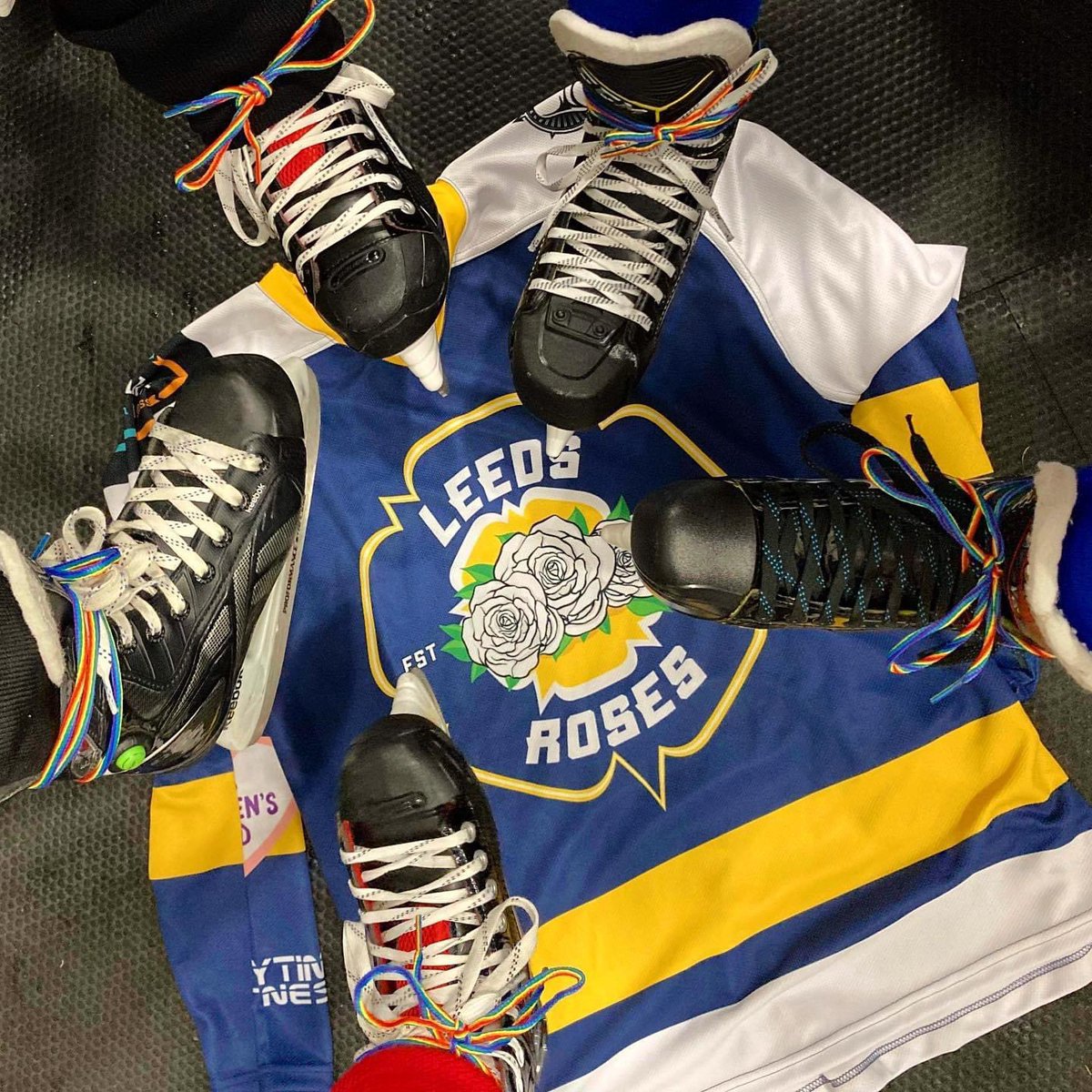 @ice_lgbtq This was from #rainbowlaces day in December! #LeedsRoses women's ice hockey club supports #EIHAPride #HockeyIsForEveryone #icehockey #Britishicehockey #pride #thisgirlcan @ThisGirlCanUK 🏳️‍🌈🏳️‍⚧️🏒🙌💙💛