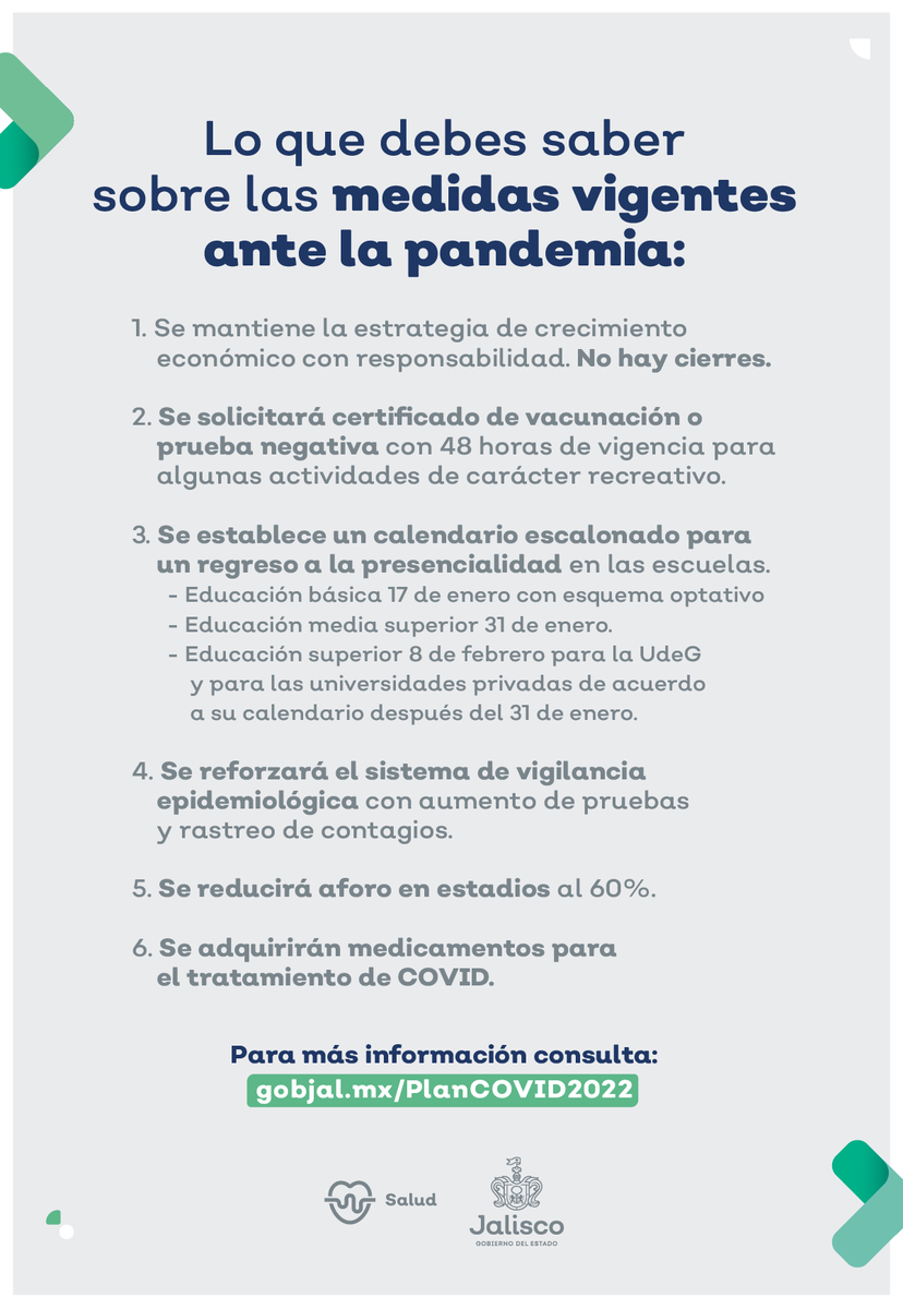 GobiernoJalisco's tweet photo. Esto es lo que debes saber sobre las medidas vigentes ante la pandemia por COVID-19.

No bajemos la guardia y comparte esta valiosa información, conoce los detalles en https://t.co/E04saLhhmW. https://t.co/CzKwF8KIzo