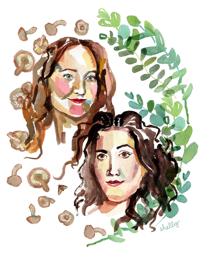 Portraits of @jacquelinenovak &amp; <a href="/kateberlant/">Kate Berlant</a> of POOG, my current favorite podcast. Plus foraged eucalyptus and mushrooms, because, ya know, it was the mushrooms the whole time 🍄