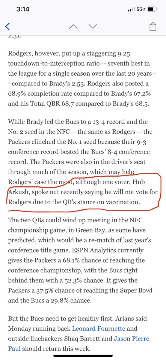 Both Rodgers and Brady are deserving of MVP but as a voter if you’re going to publicly state you’re not going to vote for a players on field performance based on his off field “STANCE” on covid protocols, you should be immediately stripped of having a vote. <a href="/NCAAFootball/">NCAA Football</a> <a href="/ESPNCFB/">ESPN College Football</a>
