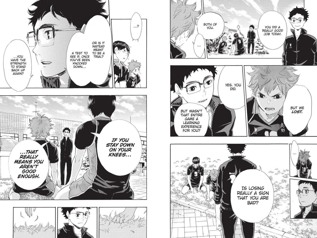 takeda-sensei had some amazing moments that truly captured what we love and are inspired by in haikyuu. he manages to capture the beauty of the characters' experiences–even the failures and hardships–and give optimism that they (and perhaps also, we) needed to move forward. 