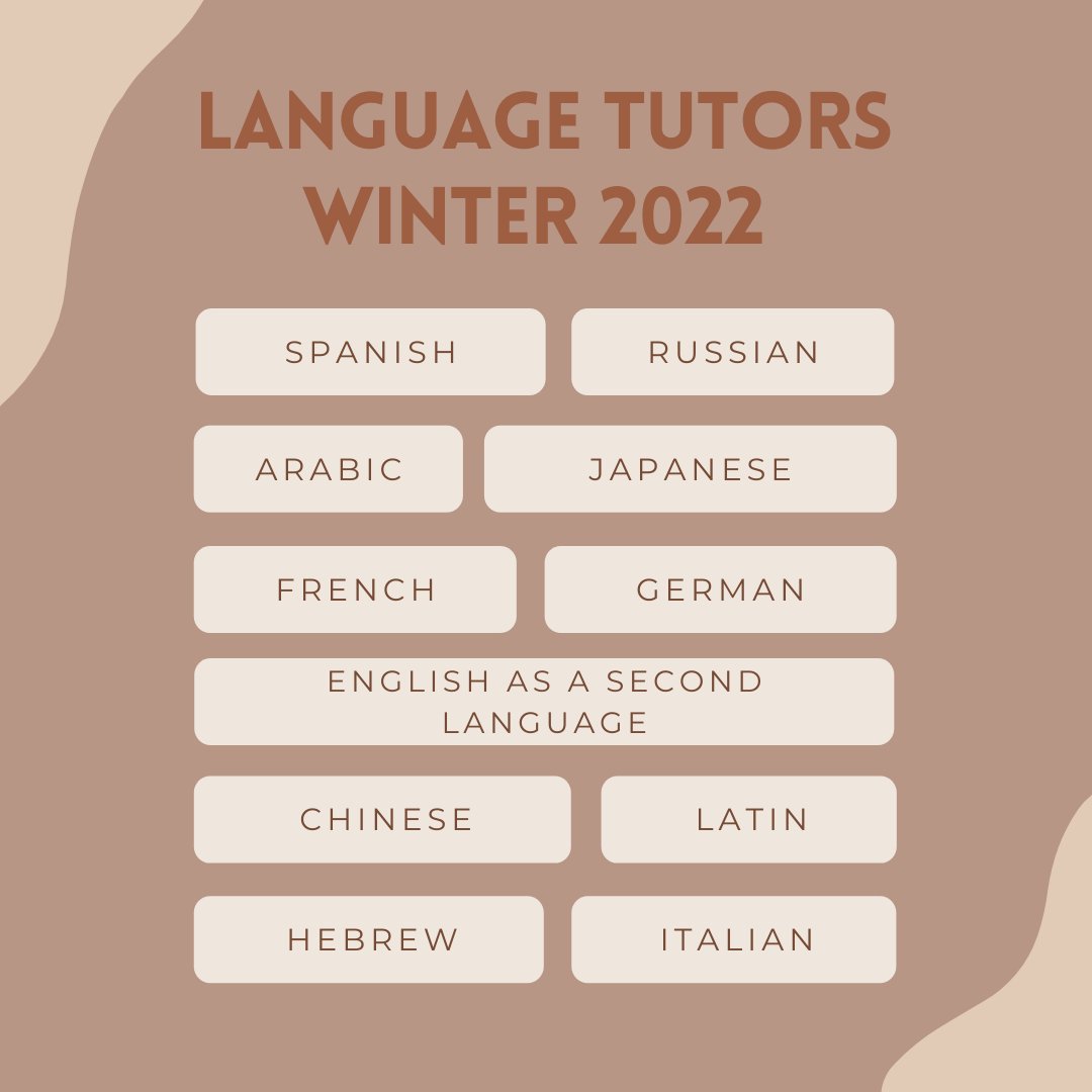 Language tutoring starts today! 
We are currently online until further notice. The tutor schedule can be access with the following link, where you can find any live changes and Zoom links.

outlook.office365.com/owa/calendar/e…