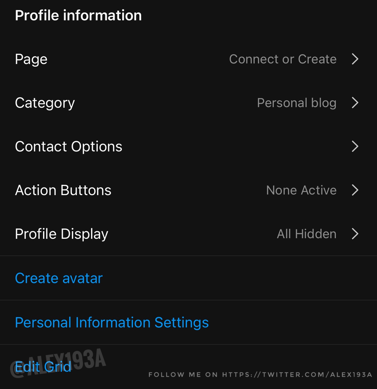 Profile information Connect or Create Page Personal blog Category 7 Contact Options None Active Action Buttons All Hidden Profile Display Create avatar Personal Information Settings Edtl Grid 93A FOLLOW ME ON HTTPS://TWITTER.cOM/ALEX193A