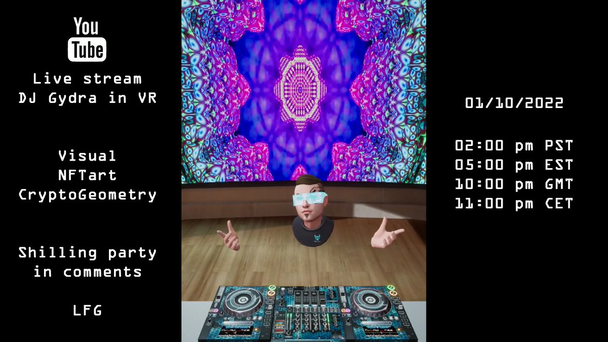 🚀In an hour🚀
PsyBreaks live stream
I will play from @tribe_vr metaverse
CryptoGeometry visual show 

Connect for good vibes ⚛️
Have a nice trip 👽

youtube.com/channel/UC01LP…