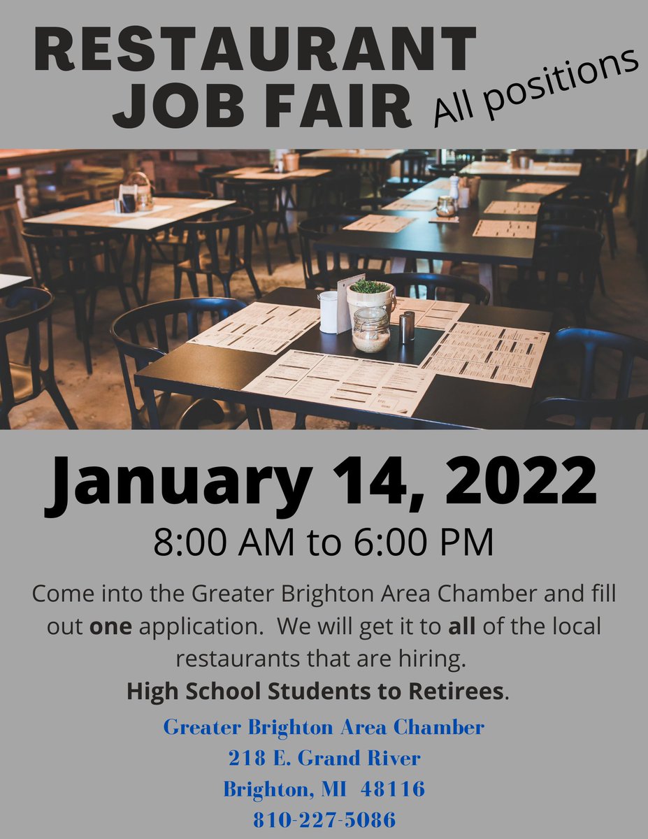 One Stop Applying! Looking for work? Come to the Restaurant Job Fair Livingston County - Greater Brighton Area Chamber of Commerce, Friday, Jan. 14 from 8 am - 6 pm. Fill out an application and we'll do the rest! #jobfair
brightoncoc.org/events/details…