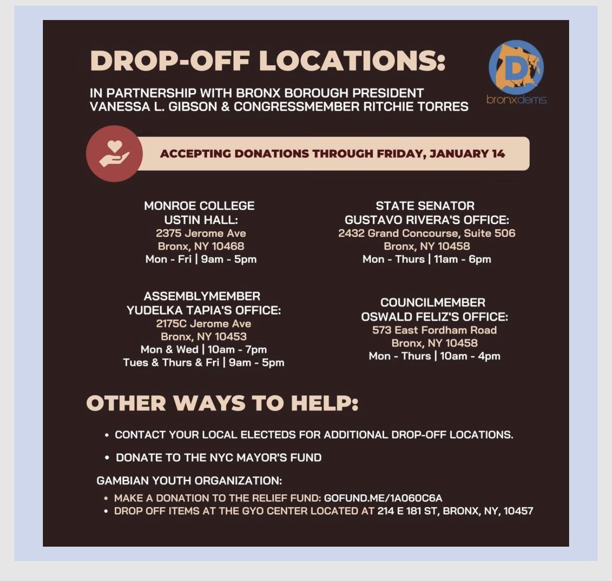 d75council's tweet image. Bronx Fire Relief Drive info: 

Below is a list of organizations and offices that are accepting donations.

If you plan to donate food, please ensure it is shelf stable.

*Halal food is preferable*
#informationalpost