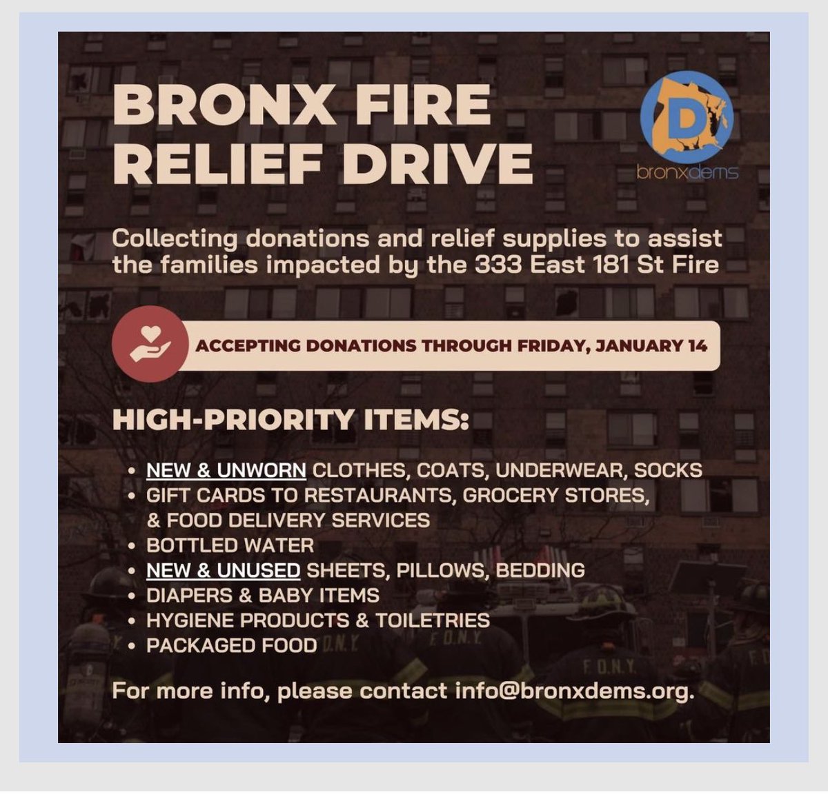 d75council's tweet image. Bronx Fire Relief Drive info: 

Below is a list of organizations and offices that are accepting donations.

If you plan to donate food, please ensure it is shelf stable.

*Halal food is preferable*
#informationalpost