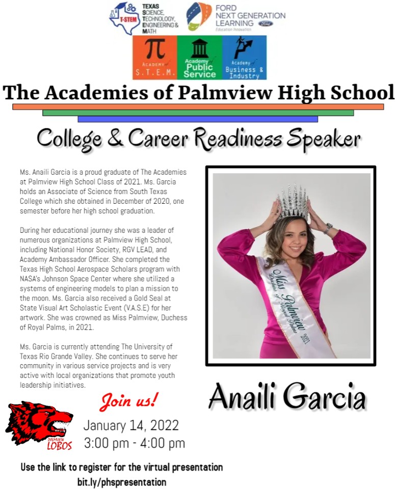 LuisCBocanegra1's tweet photo. We continue with our Distinguished Speaker Series‼️ Our next speaker will be @anaili_garcia, The Academies of Palmview High School Alumni from the Class of 2021🎓. Students who are interested may sign up at https://t.co/gNO7tx5ZqD 
#PERSIST #ACHIEVE #SUCCEED https://t.co/poAtUZF6CG