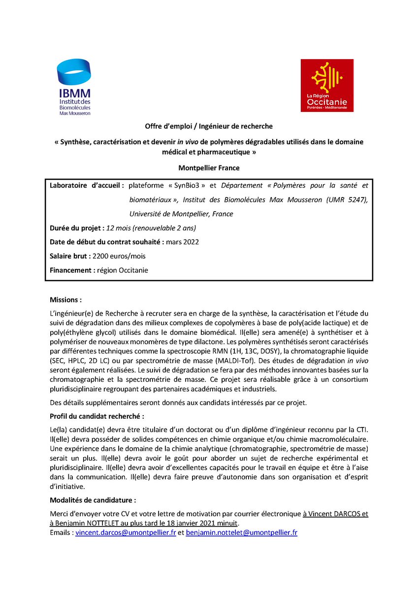 IBMM - Polymers for Health and Biomaterials (@biopolymerteam) on Twitter photo Le département « Polymère pour la santé et biomatériaux” ibmmpolymerbiomaterials.com et la plateforme « SynBio3 » de l'IBMM recrute un ingénieur de recherche en chimie (durée 1 an, renouvelable 2 ans). <a href="/BiopolymerTeam/">IBMM - Polymers for Health and Biomaterials</a> <a href="/umontpellier/">Université de Montpellier</a> Le département « Polymère pour la santé et biomatériaux” ibmmpolymerbiomaterials.com et la plateforme « SynBio3 » de l'IBMM recrute un ingénieur de recherche en chimie (durée 1 an, renouvelable 2 ans). <a href="/BiopolymerTeam/">IBMM - Polymers for Health and Biomaterials</a> <a href="/umontpellier/">Université de Montpellier</a>