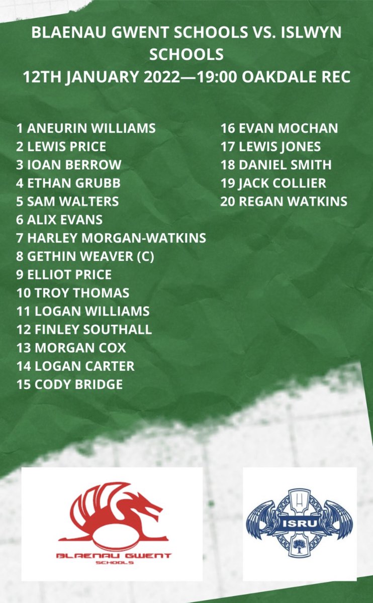 Our squad to play @ISRU15s on Wednesday in the 1st game of the block. Congratulations to all players selected. Please note that only spectators with the Dewar wristbands are able to attend. @EFLC_PE @KingHenrySchool @3Abertillery @Brynmawr_school @DRA_Community #Pathway #TeamBG
