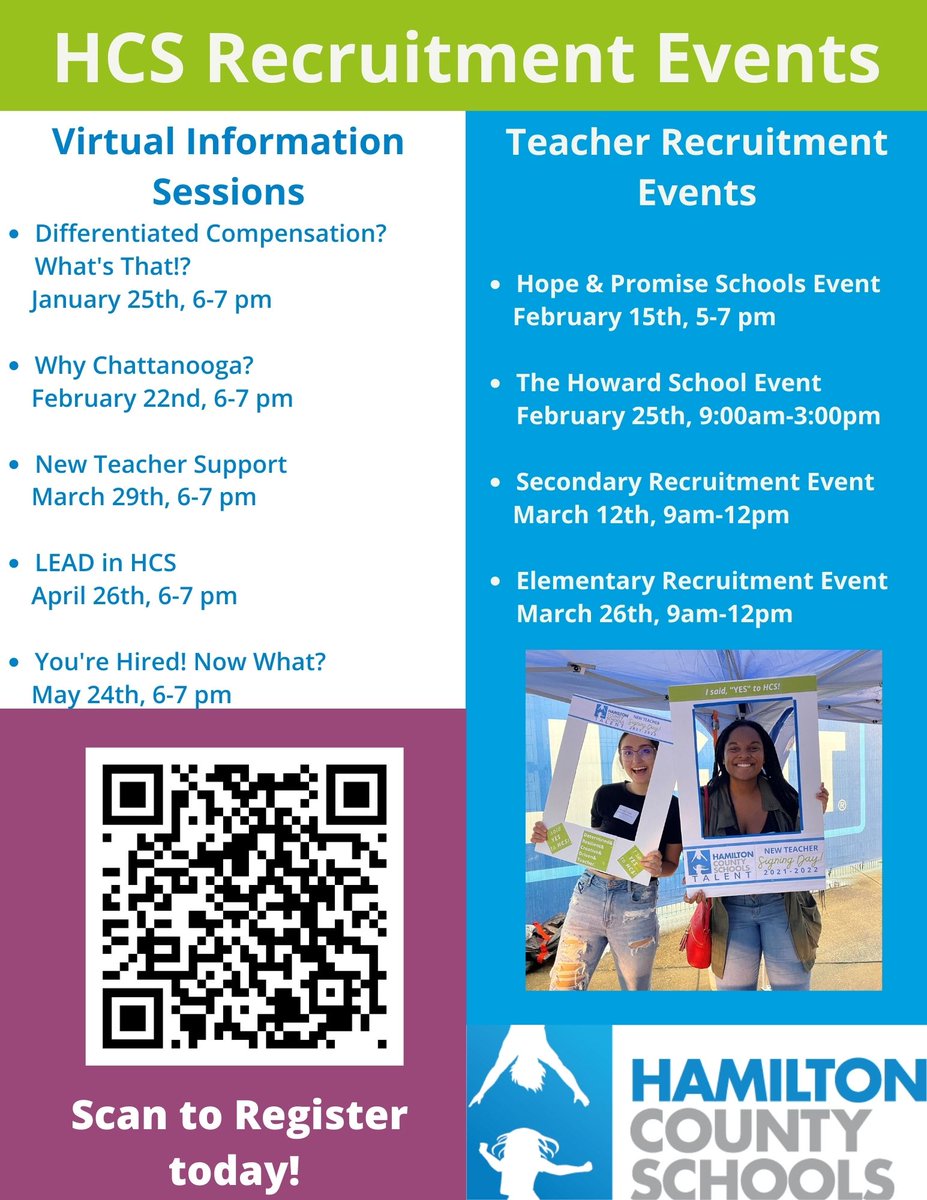 Want to know more about what <a href="/hamcoschools/">Hamilton County Schools</a> has to offer? Then join the Talent Team for several info sessions this semester as well as our Spring Recruitment Events! Scan the QR code to register today!
