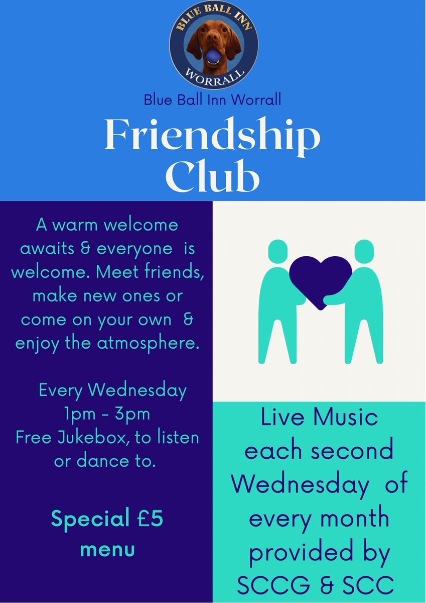 Our Friendship Club is every Wednesday 1-3pm. Every 2nd Wednesday we have live music provided by SCCG with Steve Knight performing this week. Special £5 menu available. All welcome. Feel comfortable to come on your own and get involved #community 

facebook.com/events/s/frien…