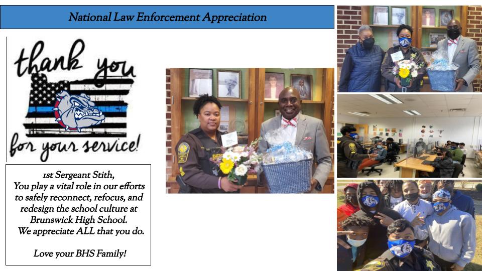 BHSBulldogsbcps's tweet photo. January 9, 2022, was National Law Enforcement Appreciation Day.  Today, we recognized our phenomenal SRO, 1st Sergeant Shavonda Stith, for her dedication to ensuring that our school community is safe at all times. 
#BrunswickStrong
#BulldogNation https://t.co/FFXweIGN27