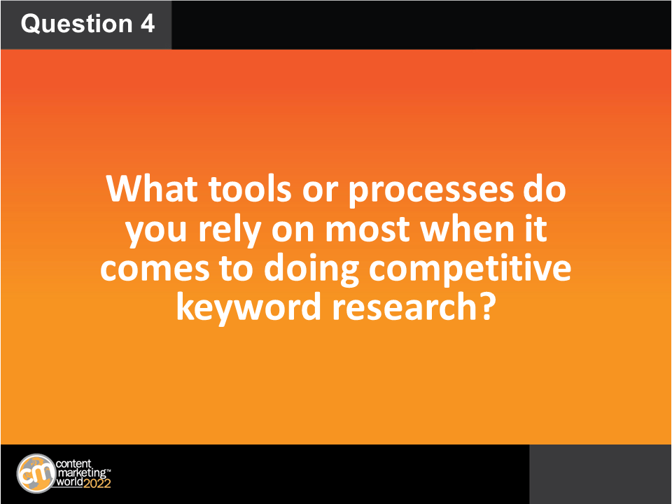 CMIContent's tweet photo. Q4: What tools or processes do you rely on most when it comes to doing competitive keyword research? #CMWorld https://t.co/dAMPwuuUe9