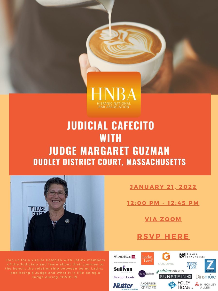 We are thrilled to host Judge Margaret Guzman as our next guest on #JudicialCafecito where she'll share her journey to the bench and what's it's like being a judge during the pandemic. RSVP via this link: lnkd.in/g9rAPxVQ