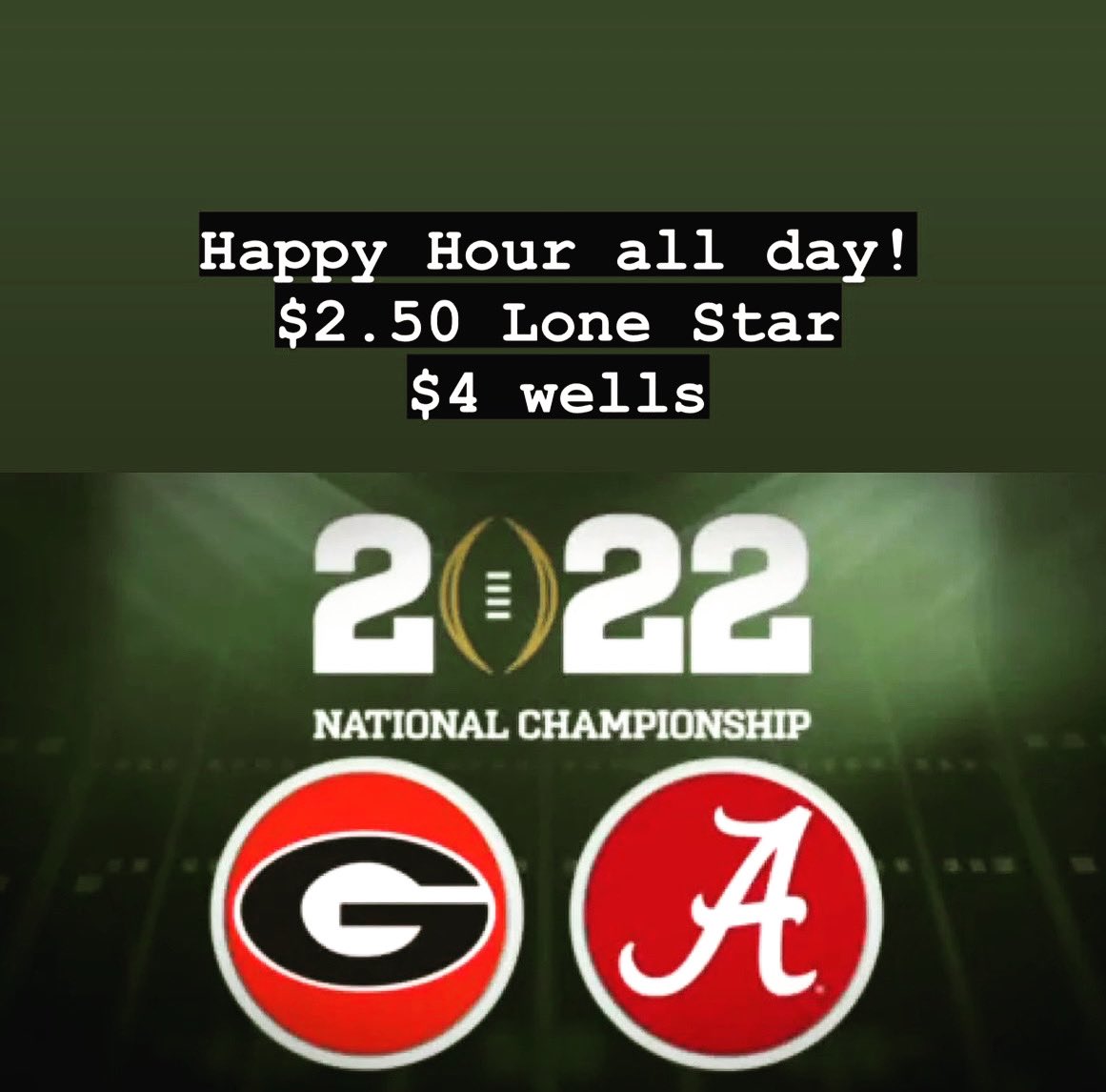Wait!  You’re looking forward to watching the NCAA Championship football game?  You could care less?  We’ve got you covered either way. Game on, cold beer, hot toddys, the coveted Topo Chico and snacks. Plus, Happy Hour all day!  #littledipperlovesyou #ncaanationalchampionship