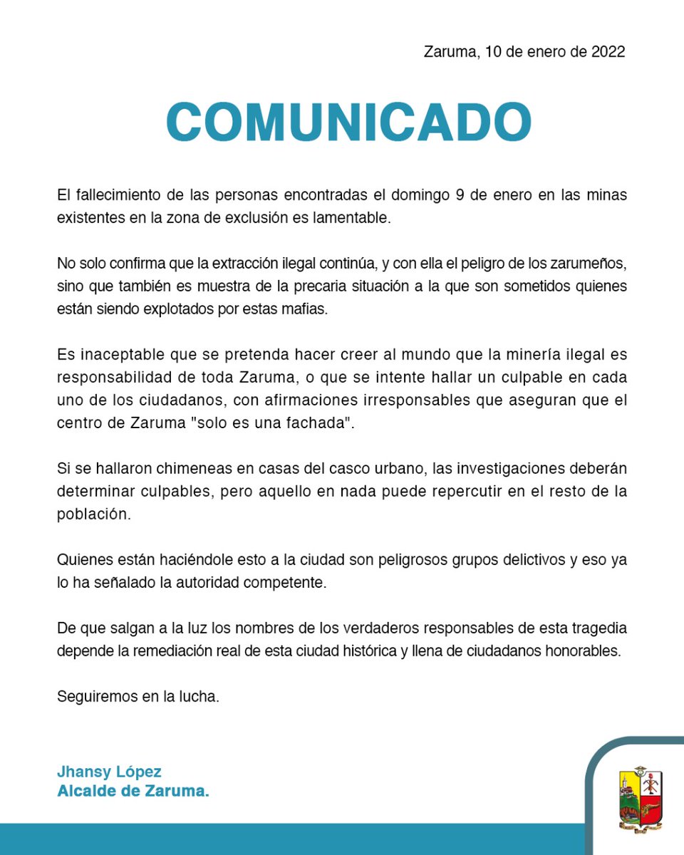 JhansyL's tweet photo. Las investigaciones de la minería ilegal deben empezar a arrojar nombres. Es lamentable el fallecimiento de dos personas dentro de la zona de exclusión, pero igual de lamentable es que la extracción en área no permitida ponga estigmas sobre los zarumeños. El peligro sigue. https://t.co/99u2S3lXp5