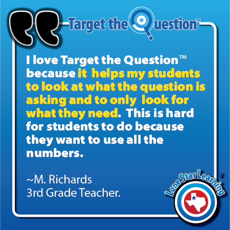 lsltweets's tweet image. "It helps my students!" - The biggest compliment!  Learn how Target the Question can help your students feel more confident using their math problem-solving skills by visiting store.lonestarlearning.com/shop/target-th… or giving us a call!
#LoneStarLearning #TargetTheQuestion  #ProblemSolving #math