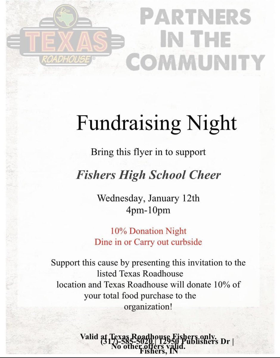 As your planning for the week, no need to plan dinner for Wednesday night!  Let Texas Roadhouse take care of dinner for you while you support the Fishers High School Cheer program as we prepare to head to Nationals in Orlando in February! Just print this flyer off :) <a href="/FHSTigers/">FHS Tigers Athletics</a>