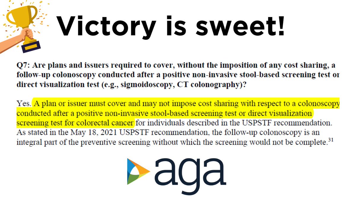 American Gastroenterological Association (AGA) (@amergastroassn) on Twitter photo Help us spread the word - new federal guidance out of <a href="/USDOL/">U.S. Department of Labor</a> today that plans must cover follow up colonoscopy after a positive stool test. Help us spread the word - new federal guidance out of <a href="/USDOL/">U.S. Department of Labor</a> today that plans must cover follow up colonoscopy after a positive stool test.