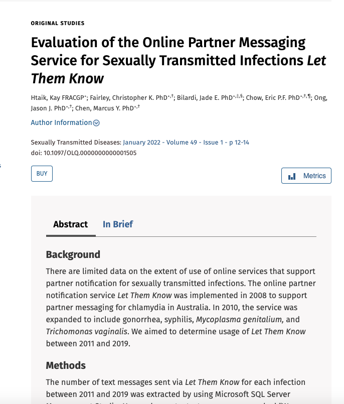 MSHC Research (@mshcresearch) on Twitter photo New article from Dr Kay Htaik in <a href="/STD_Journal/">STD Journal</a> evaluating an online partner messaging service for #STIs called Let Them Know.
Read the article here:
bit.ly/34EkxFq New article from Dr Kay Htaik in <a href="/STD_Journal/">STD Journal</a> evaluating an online partner messaging service for #STIs called Let Them Know.
Read the article here:
bit.ly/34EkxFq