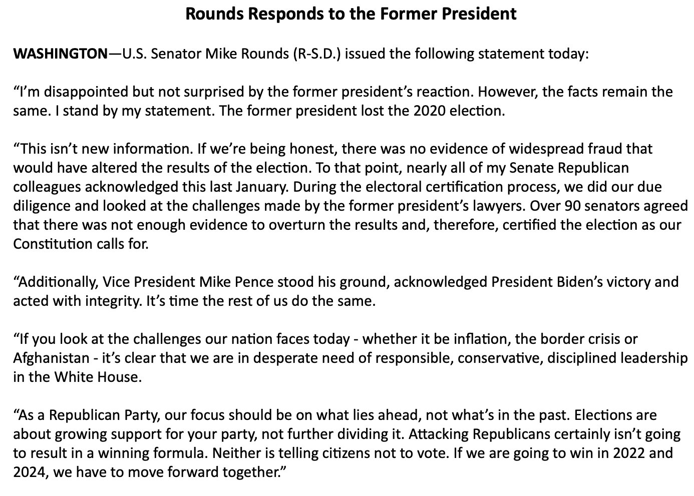 Phil Mattingly Senatorrounds Puts Out A Statement In Response To The Former President I M Disappointed But Not Surprised By The Former President S Reaction However The Facts Remain The Same I