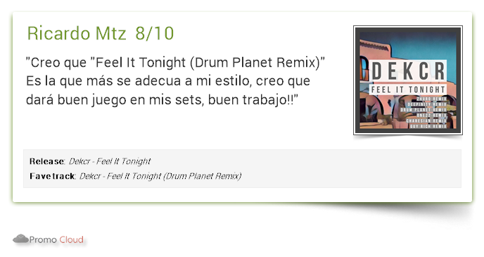 LabelWight's tweet image. Ricardo Mtz supports: Dekcr - Feel It Tonight 8/10 #newrelease pcl.la/T1WCDC