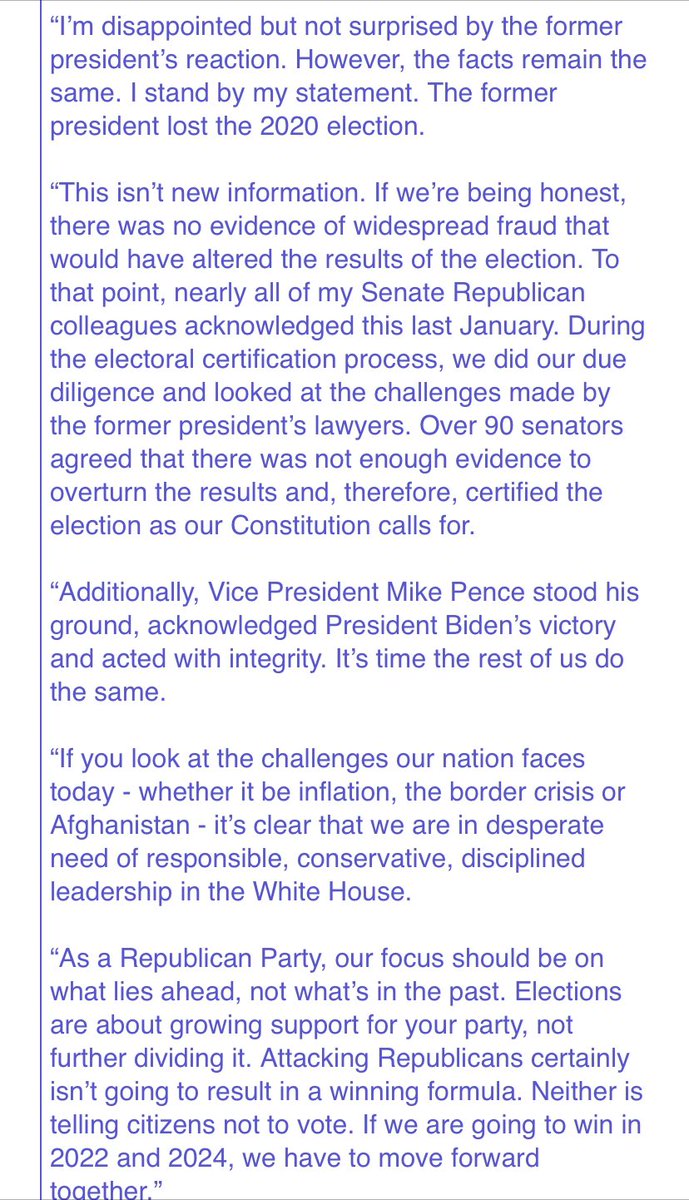 GOP Sen. Mike Rounds responding to Trump: “I’m disappointed but not surprised by the former president’s reaction. However, the facts remain the same. I stand by my statement. The former president lost the 2020 election.”