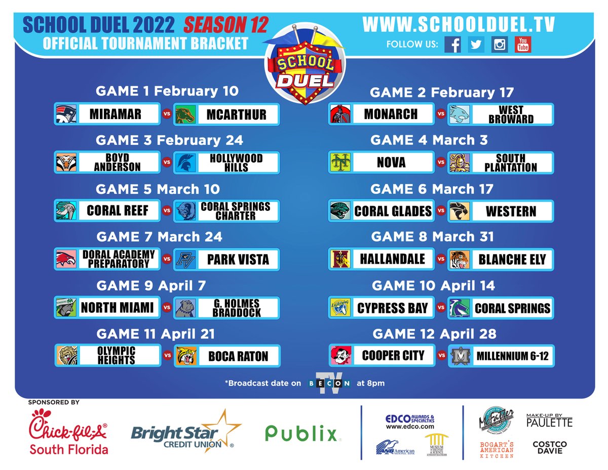 School Duel 2022 is almost here!

Here's a list of all the games with Broadcast Dates!

Watch Thursdays @ 8pm on BECON-TV!

(ch 488 &amp; 19 Comcast, ch63 AT&amp;T/Dish/Directv)