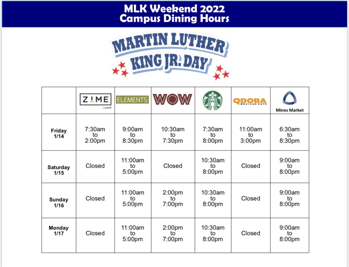 Happy Spring Semester! Be sure to take a look at our MLK hours coming up. Make it a great week! 💫 #orediggers #minesdining #mlkweekend