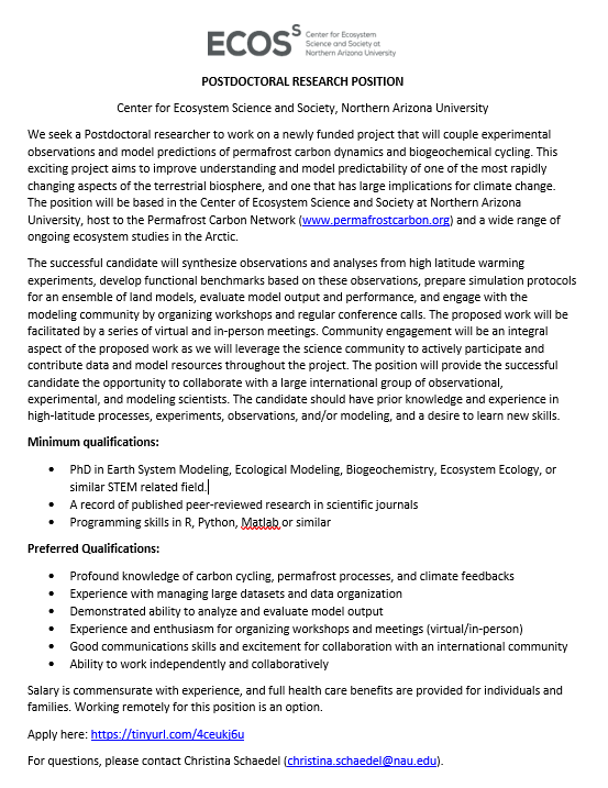 schaedelc's tweet photo. Are you looking for a Postdoc and are excited about improving model predictions of permafrost carbon?  We are hiring a talented individual to join our team for data synthesis and model intercomparison https://t.co/7SFb31XNbR #STEMjobs https://t.co/SRJTpsqUHD