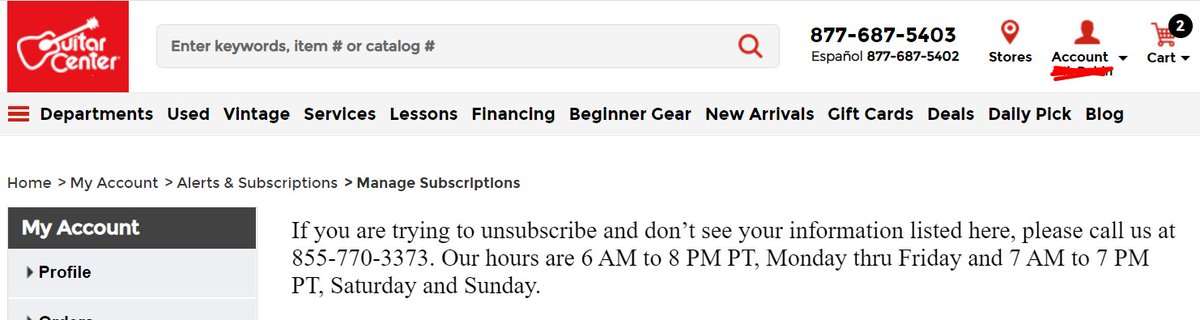 BTW the number goes to a customer service line that does nothing to help you get unsubscribed. <a href="/guitarcenter/">Guitar Center</a> you have the most shameful email marketing practices I have ever seen, and I work in the industry.