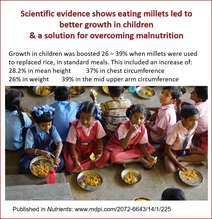 Latest study in our series provides scientific evidence eating millets led to better growth in children by 26–39% when replacing rice with millets, in standard meals. A solution to help overcome malnutrition. #LetsMillet #Food2030