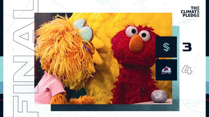 final score graphic with an image of elmo looking upset with rocco on the table. score to the left is 3-4, Avalanche 