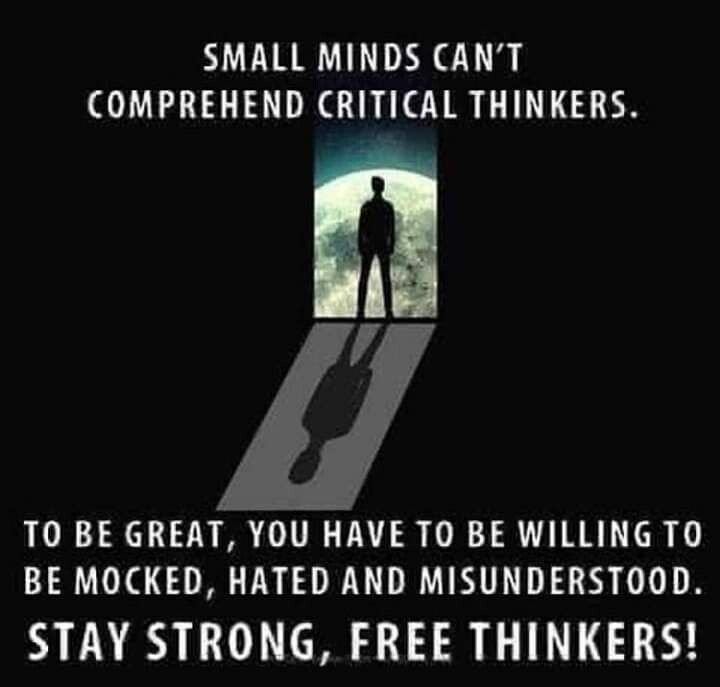 Small minds can't comprehend critical thinkers. To be great, you have to be willing to be mocked, hated and misunderstood. STAY STRONG, FREE THINKERS! #CriticalThinking